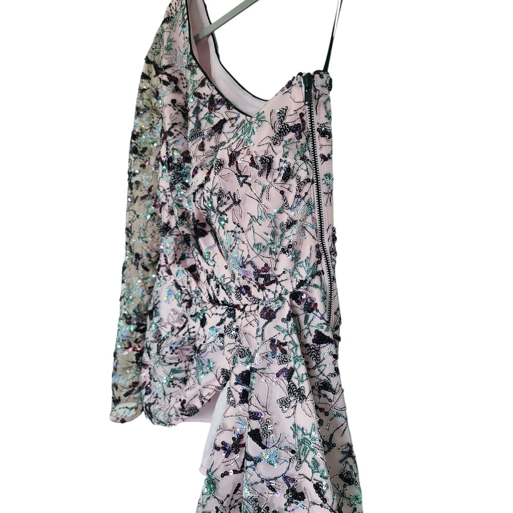 Self-Portrait Asymmetric Sequinned Floral Mesh One Shoulder Top Pink Size 2 - Picture 4 of 9